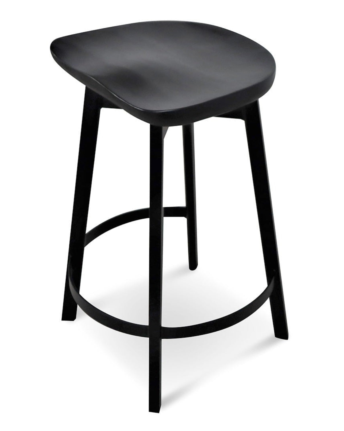 A modern and minimalist Erica Stool with a matte black finish, featuring a solid ash wood seat and ergonomic curved seat, supported by a steel frame and legs.