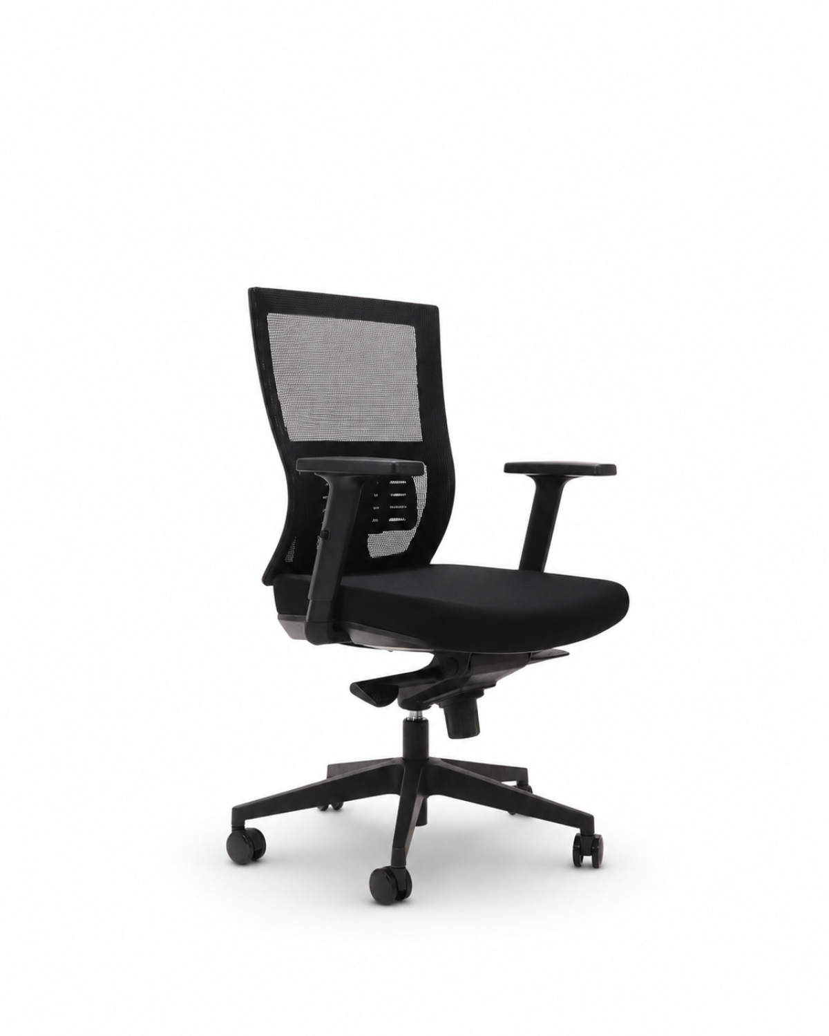 A modern black mesh office chair with a five-star wheeled base, adjustable armrests, and a padded seat, shown against a plain white background.