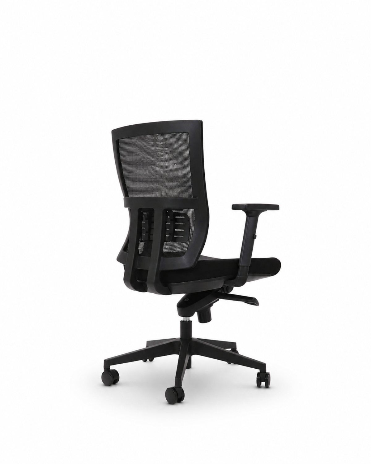 A modern black mesh office chair with a five-star wheeled base, shown from a three-quarter rear angle on a white background.