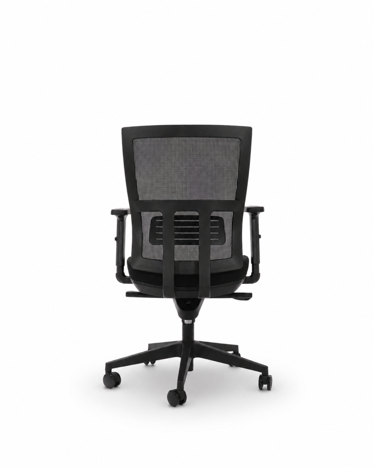 A black mesh office chair with a five-star wheeled base, shown from the back against a plain white background.