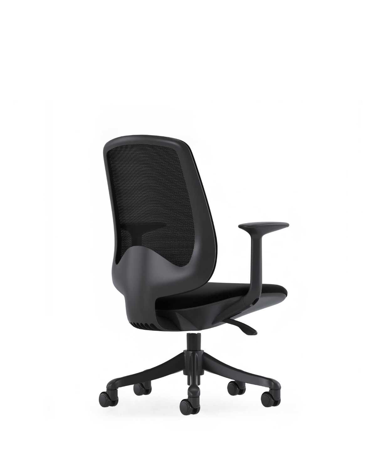 A modern black mesh office chair with a curved ergonomic backrest, adjustable armrests, and a five-wheel base, shown from a three-quarter angle on a white background.
