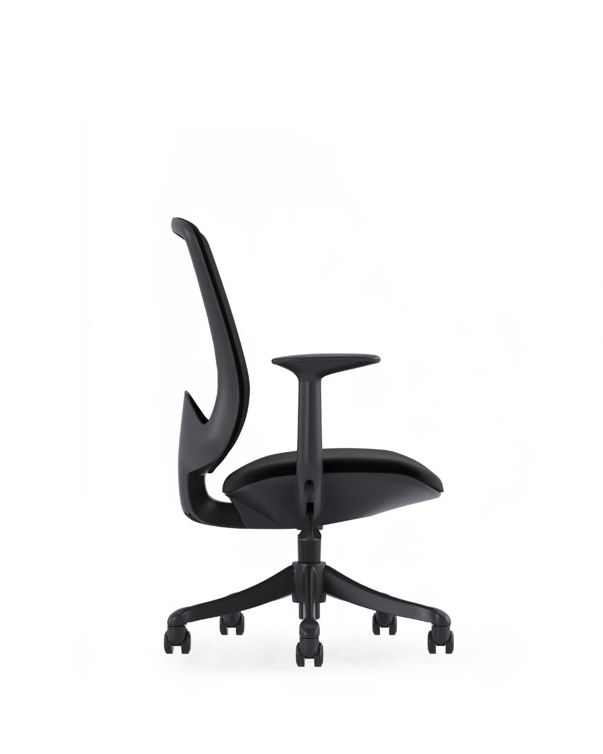 A modern black ergonomic office chair with a high curved backrest, padded seat, and five-star wheeled base, shown from the side against a plain white background.