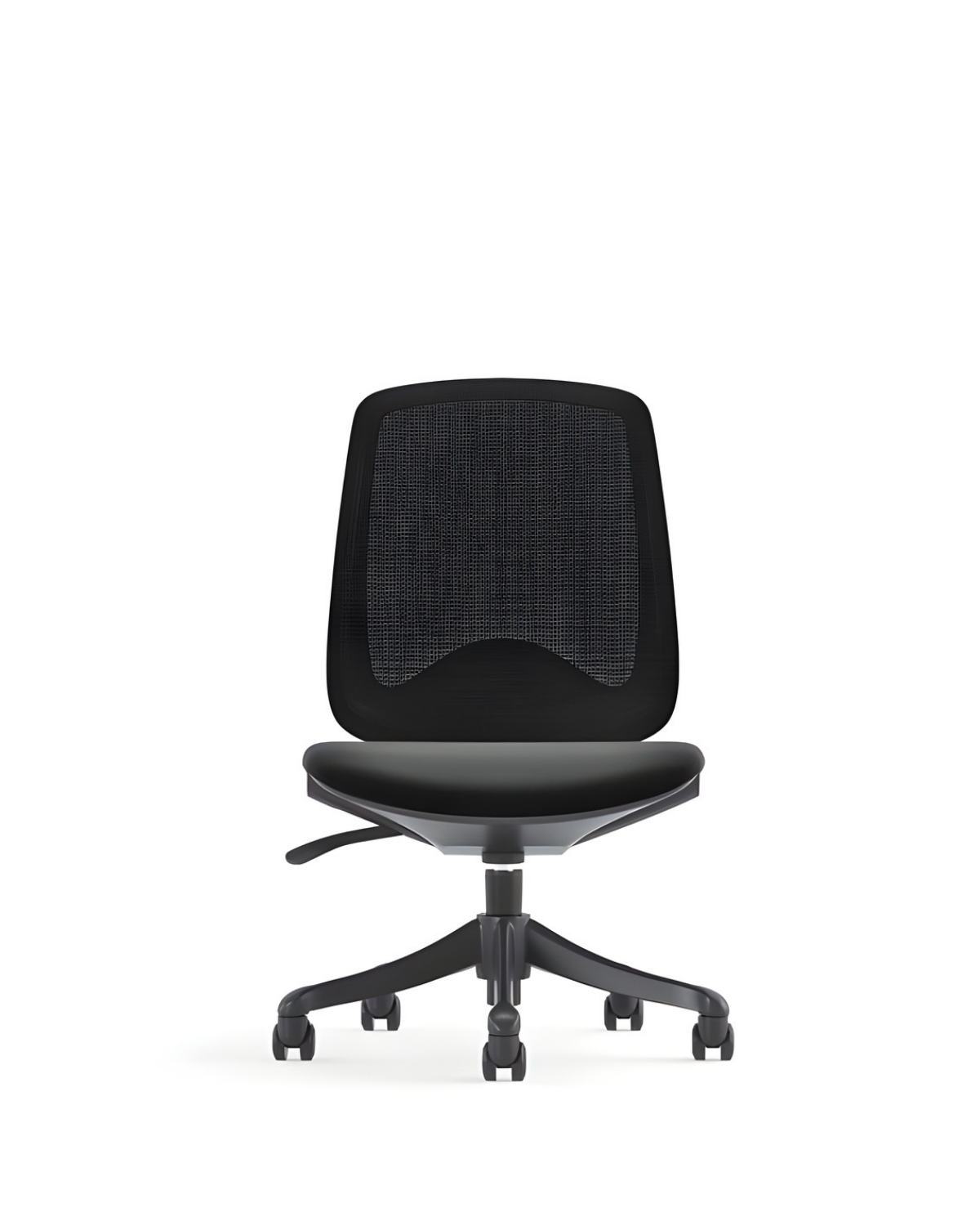 A black mesh office task chair with a padded seat, black five-star base, and casters, shown from a front-facing perspective on a white background.