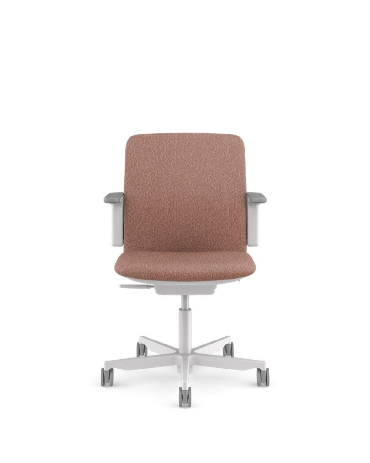 A modern office chair with a textured dusty rose upholstered seat and backrest, supported by a silver metal five-star base with casters.