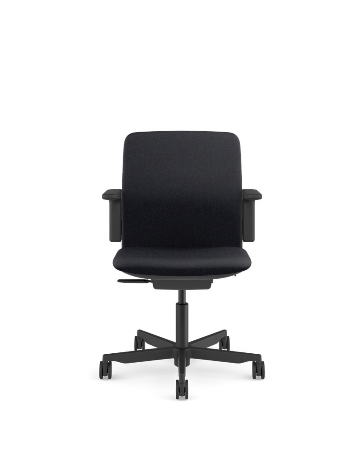 A black fabric office chair with a high back, armrests, and a five-star wheeled base, shown against a plain white background.
