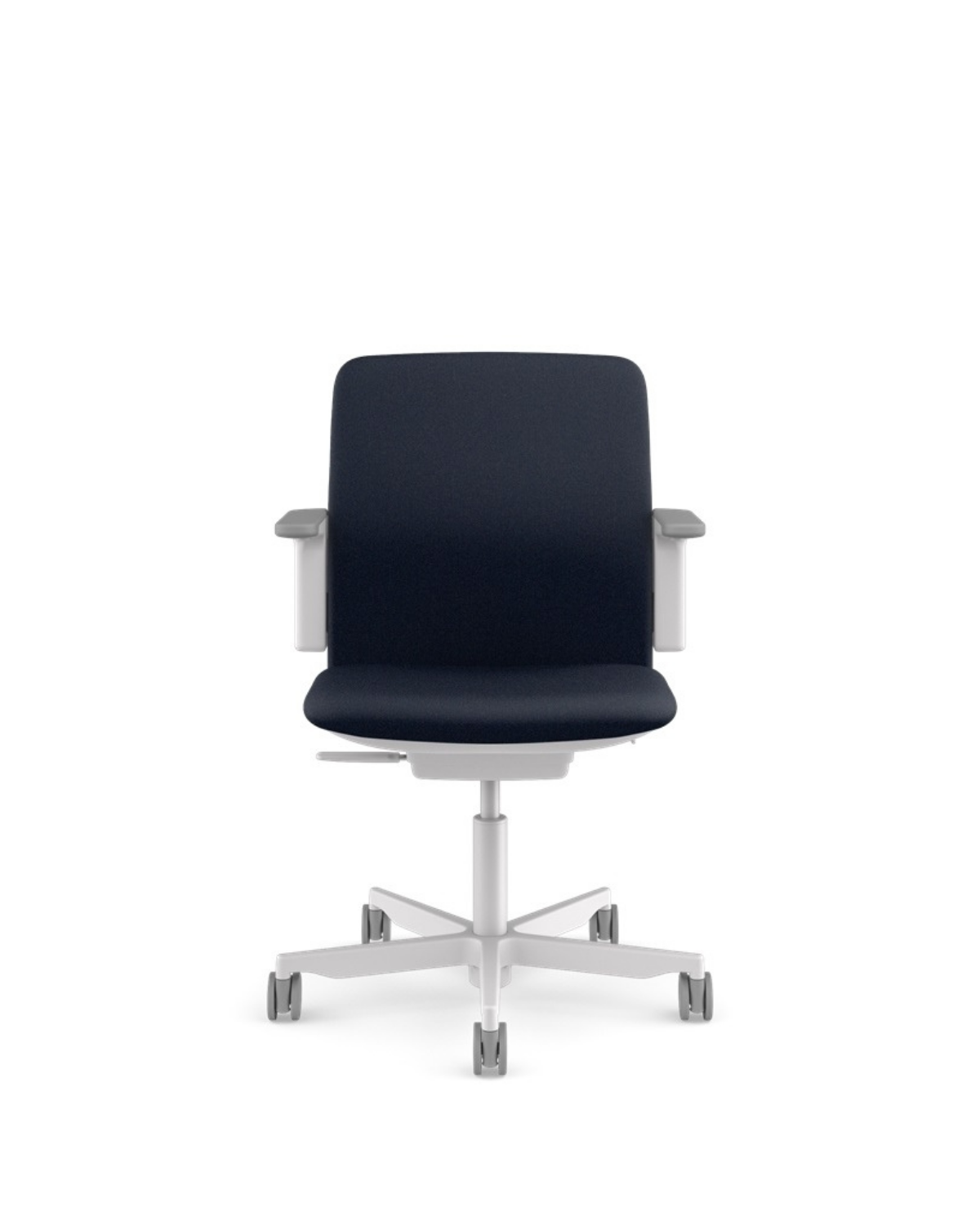 A modern office chair with a dark navy blue upholstered seat and backrest, supported by a white five-star wheeled base with gray casters.