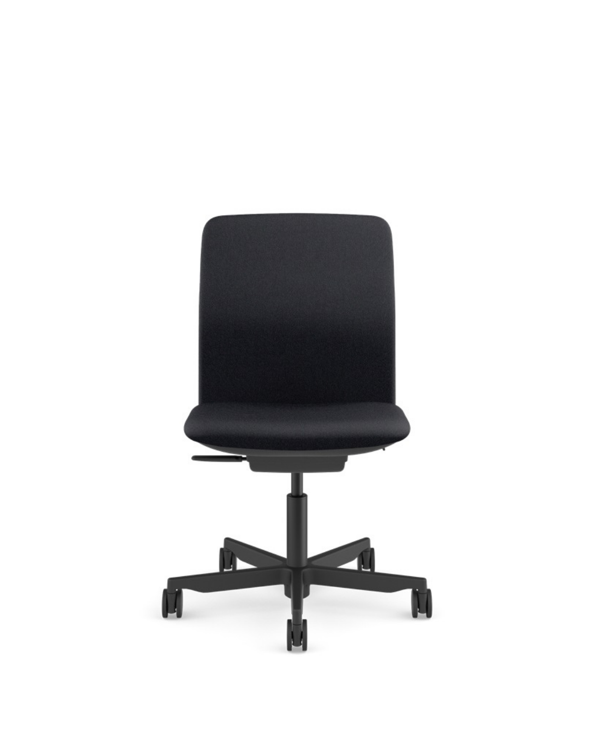 A modern black fabric office chair with a five-star wheeled base, shown from the front against a plain white background.