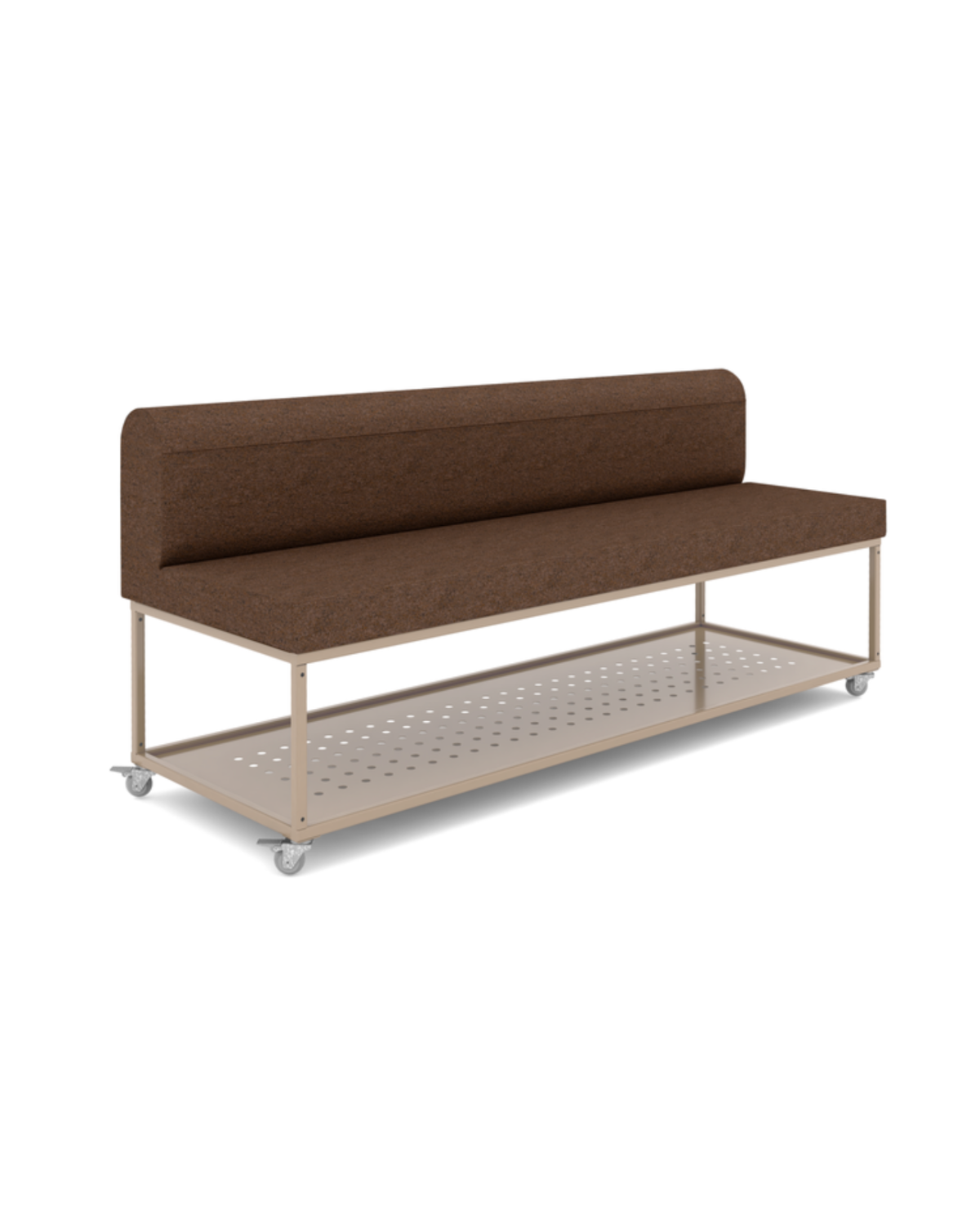 Brown bench with a metal shelf on a white background