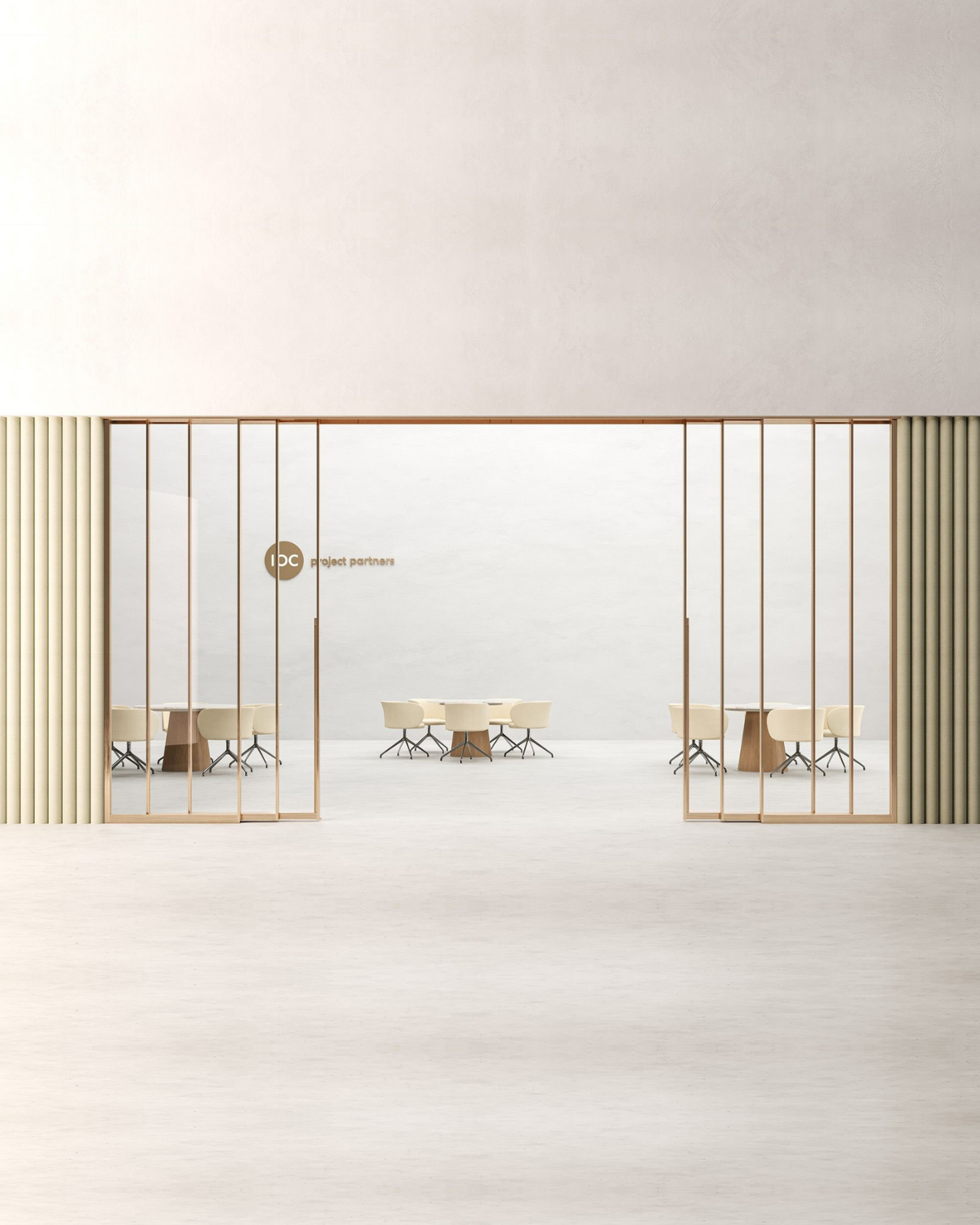 A minimalist interior design scene showing a large open glass partition or door with thin vertical metal bars in a warm gold/bronze tone, flanked by striped beige walls, with tables and chairs visible in the room behind.