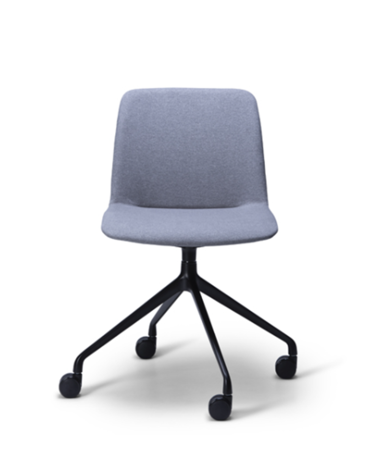 A gray upholstered Noah Swivel Chair with a five-pointed black metal base, equipped with castors and armrests.