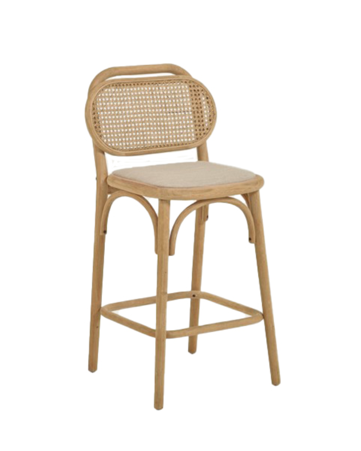 A beige Doriane stool with a woven rattan backrest and a upholstered seat, set against a white background.