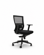 A modern black mesh office chair with a five-star wheeled base, adjustable armrests, and a padded seat, shown against a plain white background.