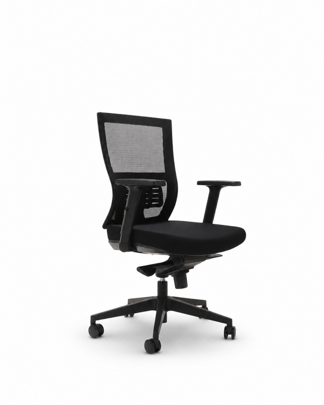 A modern black mesh office chair with a five-star wheeled base, adjustable armrests, and a padded seat, shown against a plain white background.