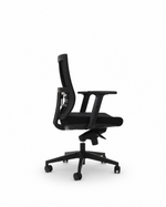A black ergonomic office chair with a high back, mesh backrest, adjustable armrests, and a five-star wheeled base, shown from a side angle on a white background.