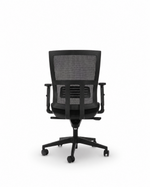 A black mesh office chair with a five-star wheeled base, shown from the back against a plain white background.