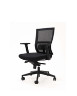 A modern black mesh office chair with a padded seat, adjustable armrests, and a five-star wheeled base, shown against a plain white background.