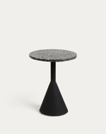 A modern side table with a round dark gray speckled stone top and a matte black tapered cone base, shown on a light gray background.