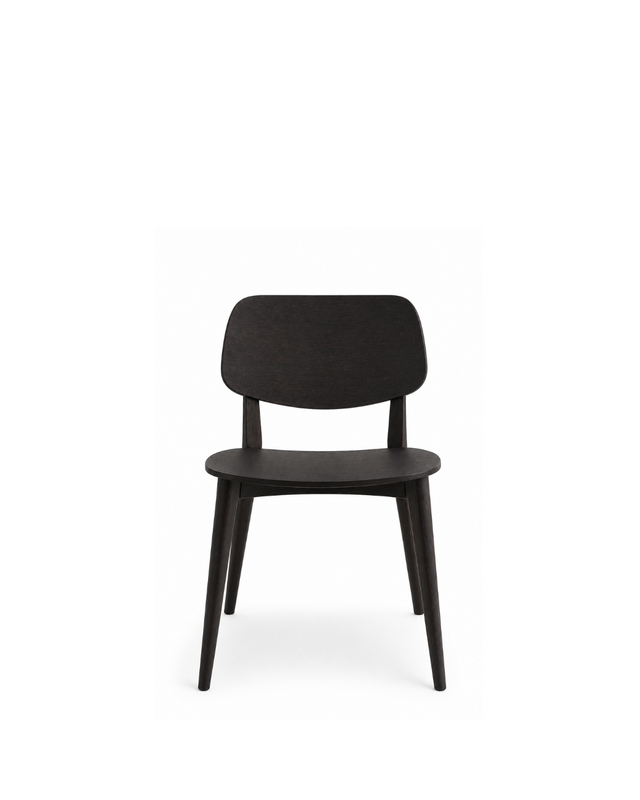 A modern black dining chair with a curved backrest, flat seat, and tapered legs, shown against a plain white background.