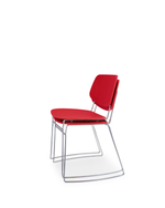 A modern red chair with a slim chrome wire frame, shown from a three-quarters angle on a solid white background.