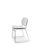A modern white dining chair with a slim chrome wire frame, shown from a three-quarters angle on a solid white background.