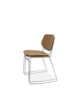 A modern side chair with a light brown wood grain seat and backrest, supported by a sleek chrome wire frame, shown against a solid white background.