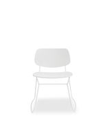 A minimalist white chair with a molded seat and backrest and thin metal legs, shown against a solid white background.