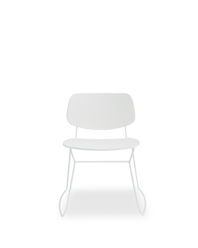 A minimalist white chair with a molded seat and backrest and thin metal legs, shown against a solid white background.