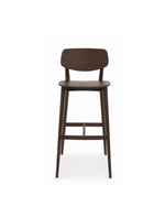 A dark brown wooden barstool with a curved backrest, a flat seat, and four tapered legs, shown against a plain white background.