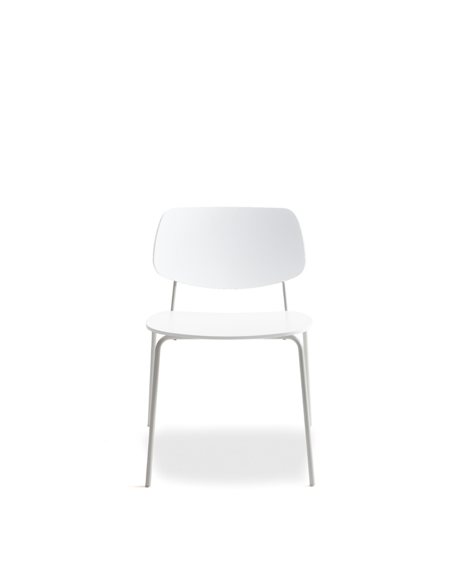 A minimalist white dining chair with a molded seat and backrest and slim metal legs, shown against a solid white background.