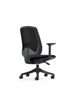 A modern black mesh office chair with a curved ergonomic backrest, adjustable armrests, and a five-wheel base, shown from a three-quarter angle on a white background.