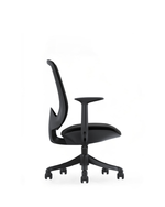 A modern black ergonomic office chair with a high curved backrest, padded seat, and five-star wheeled base, shown from the side against a plain white background.