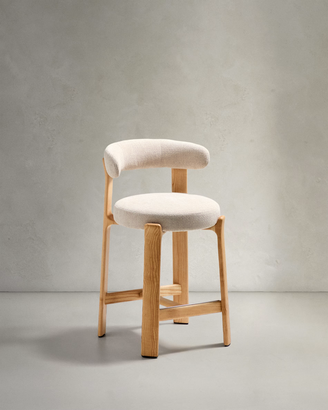 Granite Stool with Backrest | 65cm | Beige & Natural Wood Finish