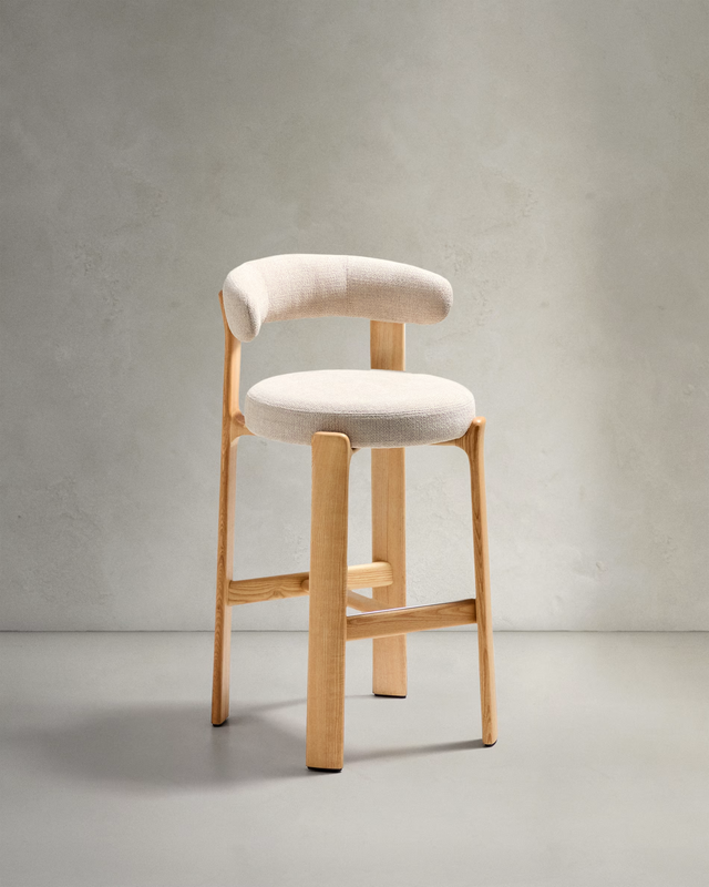 Granite Stool with Backrest | 75cm | Beige & Natural Wood Finish
