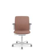A modern office chair with a textured dusty rose upholstered seat and backrest, supported by a silver metal five-star base with casters.