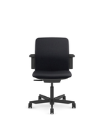 A black fabric office chair with a high back, armrests, and a five-star wheeled base, shown against a plain white background.