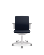 A modern office chair with a dark navy blue upholstered seat and backrest, supported by a white five-star wheeled base with gray casters.