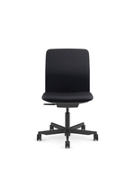 A modern black fabric office chair with a five-star wheeled base, shown from the front against a plain white background.