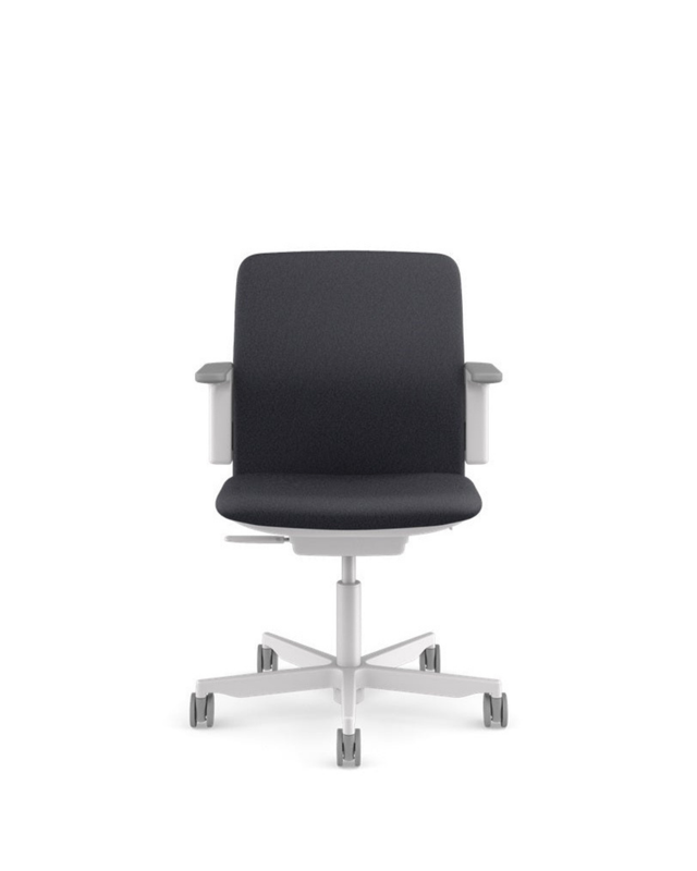 A modern office chair with a black fabric upholstered seat and backrest, supported by a white five-star wheeled base with gray casters, set against a plain white background.