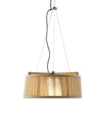 Kilt suspension lamp in natural teak with round rope sand coloured rope.