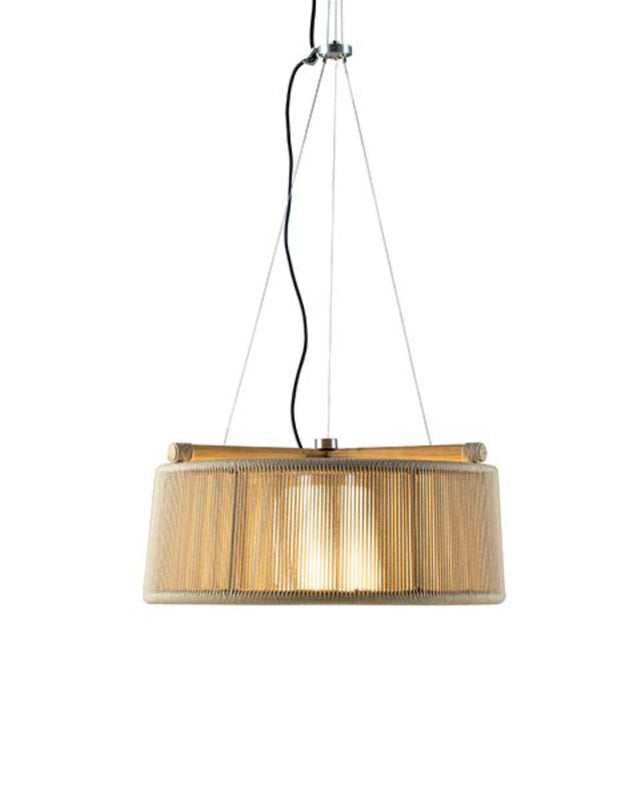 Kilt suspension lamp in natural teak with round rope sand coloured rope.