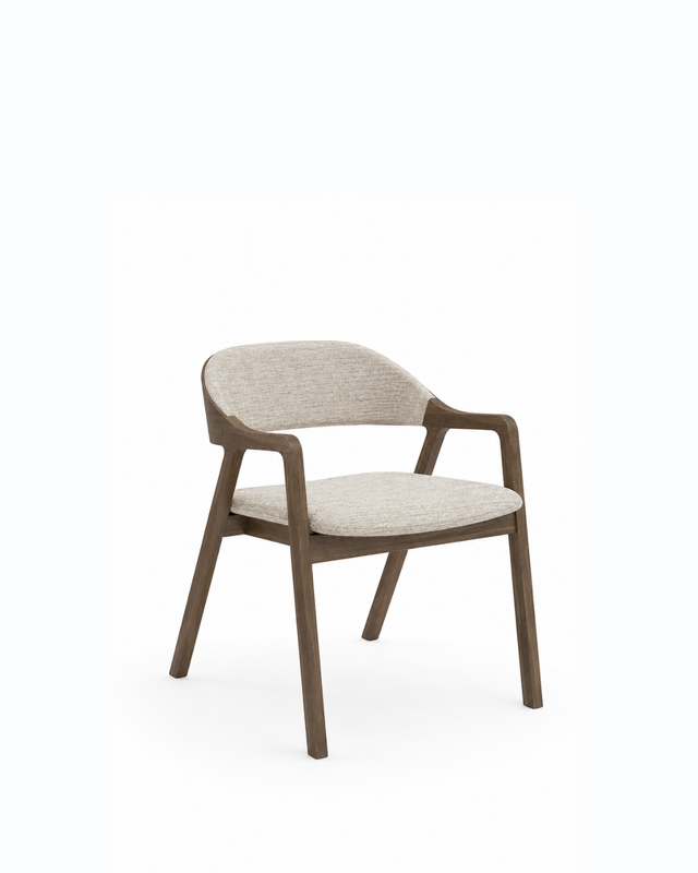 A modern dining chair with a dark brown wooden frame and light beige textured fabric upholstery on the seat and curved backrest, shown against a plain white background.