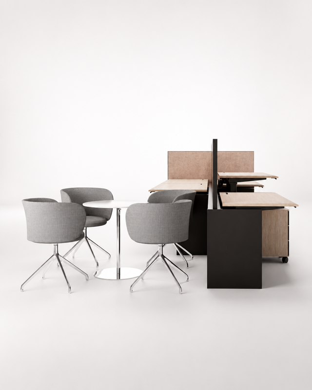 A modern office furniture set featuring gray upholstered swivel chairs, a small round white table, light wood desks, and dark panel dividers on a clean white studio background.