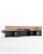 A modern L-shaped office desk setup with dark brown cubicles, light beige fabric dividers, and a matching office chair on a clean white background.