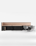 A modern office furniture set featuring a long desk with beige fabric privacy dividers, a black base, a matching side cabinet, and four gray swivel chairs with metal legs, shown on a light gray studio background.