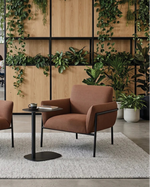 Two rust-brown upholstered lounge chairs with black metal frames arranged on a light gray rug around a small round black side table in a modern office lounge. A wood-paneled wall with hanging green plants is behind them, and office seating is visible through a glass partition.