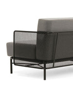 Gray outdoor sofa with black metal frame on a white background