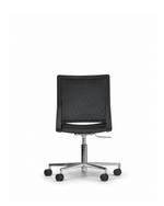 A modern black mesh office chair with a chrome five-star base and black casters, shown from the front on a white background.