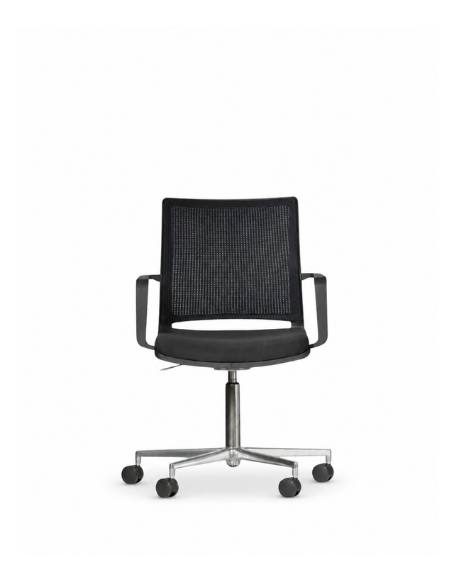 A modern black mesh office chair with a five-star chrome base and black casters, shown from a front-facing perspective on a solid white background.