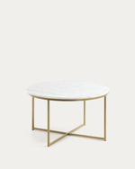 A round coffee table with a white marble top and a gold-finished metal frame, shown against a plain off-white background.