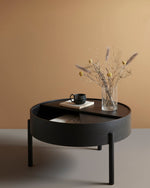 Arc Coffee Table with lid closed in black — sleek, monochrome surface ideal for display or daily use.